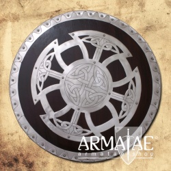 Extrem robuster Wikinger Schaukampf Rundschild aus Stahl und Hartholz mit Lederpolsterung auf https://armatae.shop