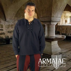 Rundkragenschnuerhemd Athos Schwarz 2057s von Leonardo Carbone bei Armatae.shop